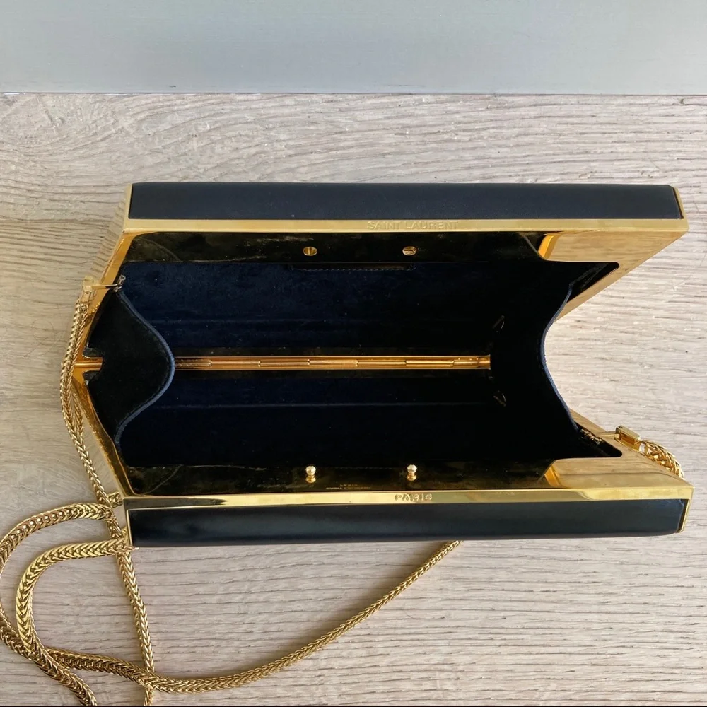 Saint Laurent Diagonal Leather Minaudière Clutch Black Gold - Picture 16 of 16